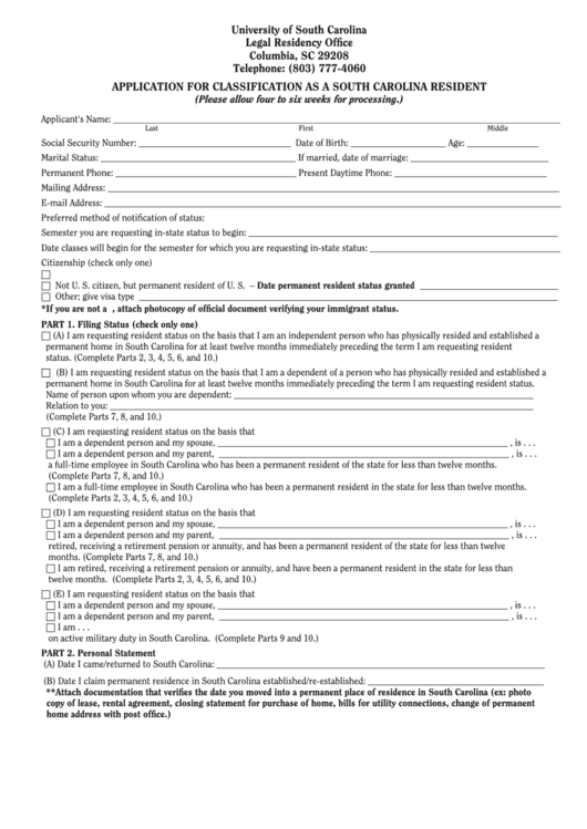 Fillable Application For Classification As A South Carolina Resident Printable pdf