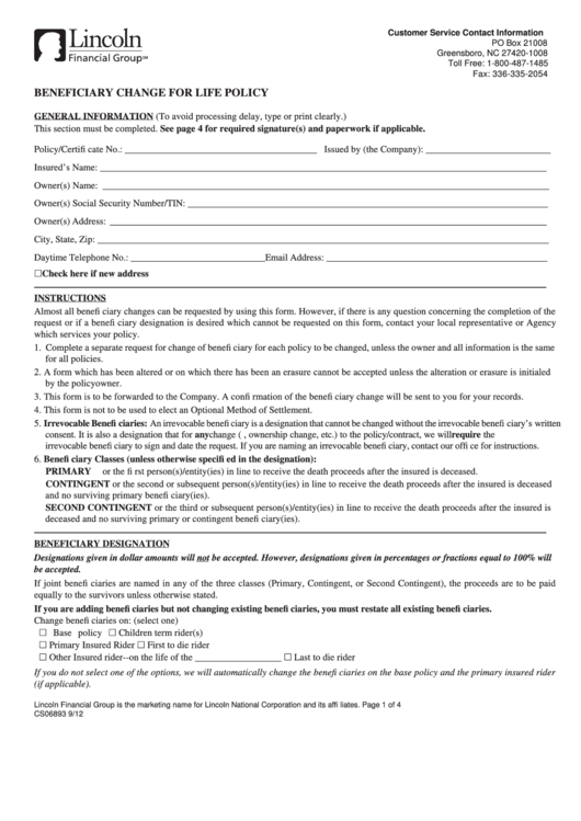 Fillable Form Cs06893 - Beneficiary Change For Life Policy - Comal Isd Printable pdf
