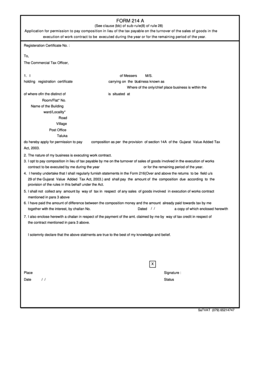 Form 214 A - Sanjay Sheth Tax Consultant And Advocate Printable pdf
