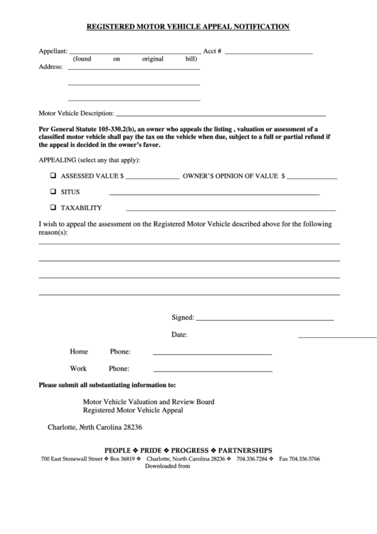 Registered Motor Vehicle Appeal Notification Printable pdf