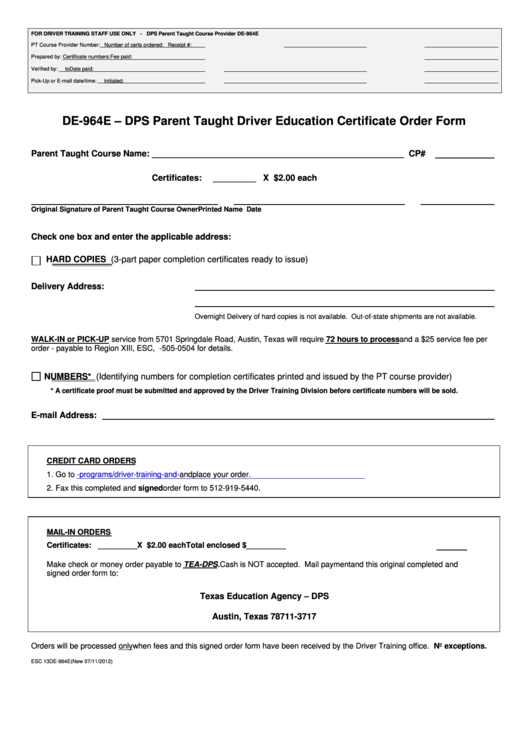 De-964e - Dps Parent Taught Driver Education Certificate Order Form Printable pdf