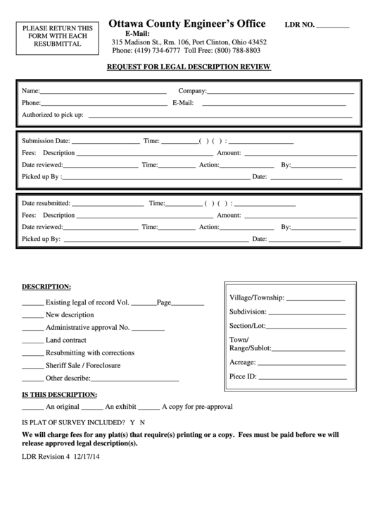 Legal Description Submission Form - Ottawa County Printable pdf