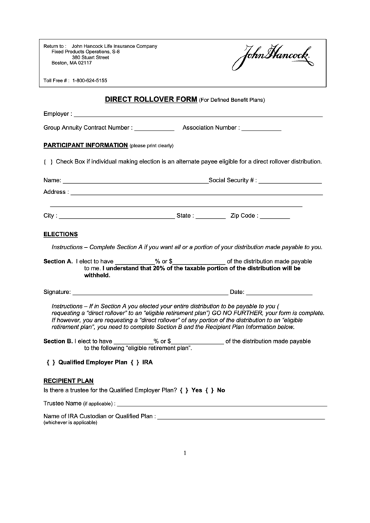 Direct Rollover Form Printable pdf