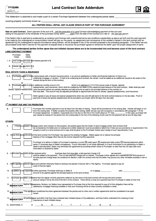 Land Contract Sale Addendum Form Printable pdf