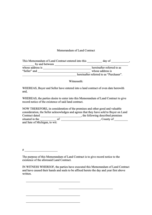 Memorandum Of Land Contract Printable pdf