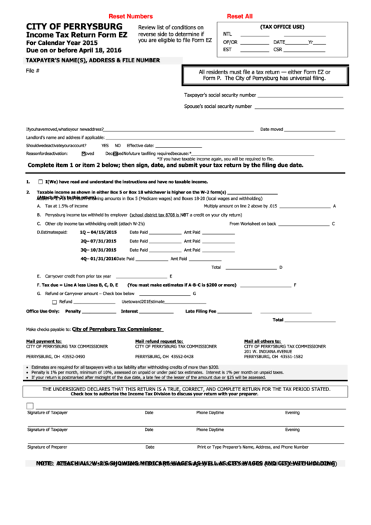 Fillable Form Ez - Income Tax Return - City Of Perrysburg - 2015 Printable pdf