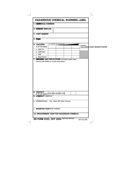 Hazardous Chemical Warning Label Form Printable pdf