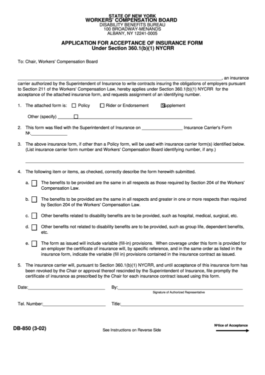 Fillable Form Db-850 - Application For Acceptance Of Insurance Printable pdf