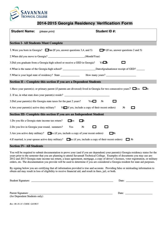 2014-2015 Georgia Residency Verification Form Printable pdf