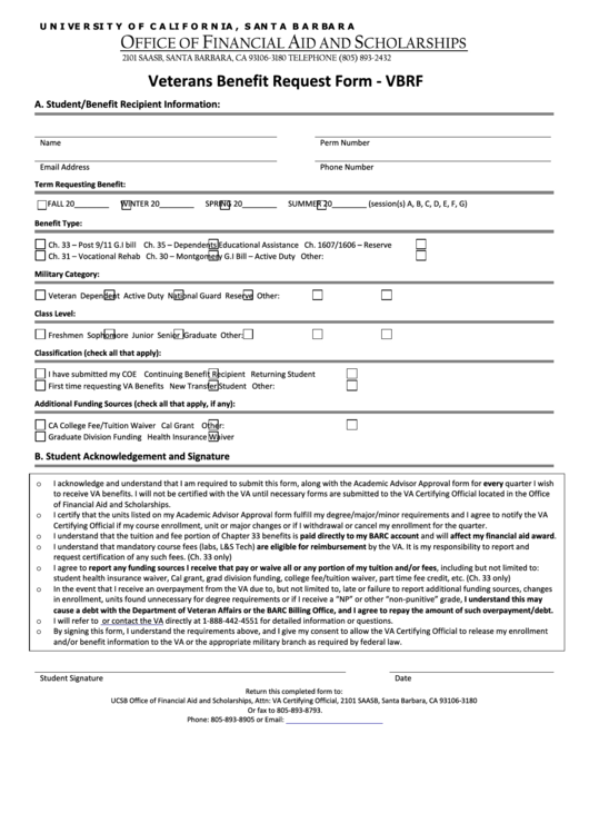 Veterans Benefit Request Form - Vbrf Printable pdf
