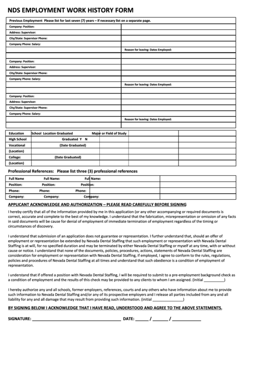 Nds Employment Work History Form Printable pdf