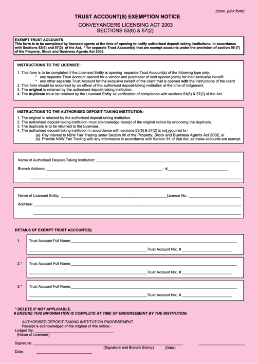 Trust Account(S) Exemption Notice Form Printable pdf