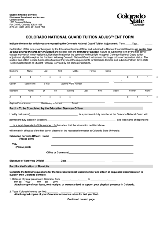 Colorado National Guard Tuition Adjustment Form Printable pdf