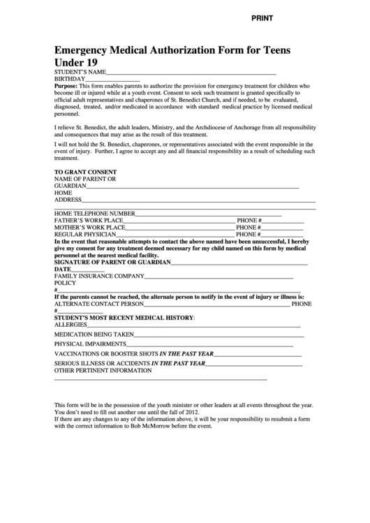 Emergency Medical Authorization Form For Teens Under 19
