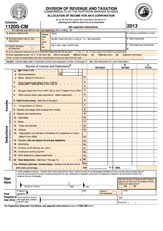 Fillable Schedule 1120s-Cm - Allocation Of Income For An S Corporation (2013) Printable pdf