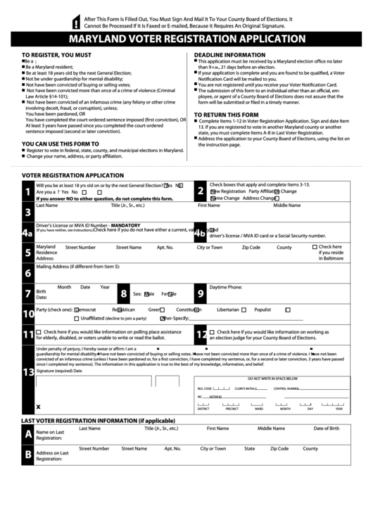 Fillable Maryland Voter Registration Application printable pdf download