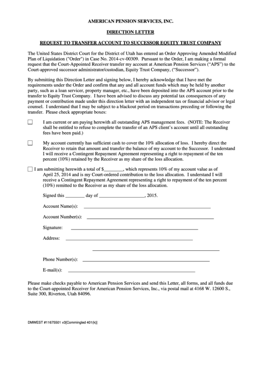 Direction Letter Request To Transfer Account To Successor Equity Trust Company Printable pdf
