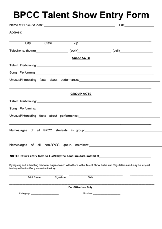 Bpcc Talent Show Entry Form Printable pdf