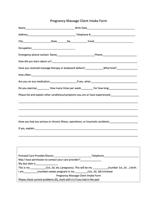 Pregnancy Massage Client Intake Form Printable pdf