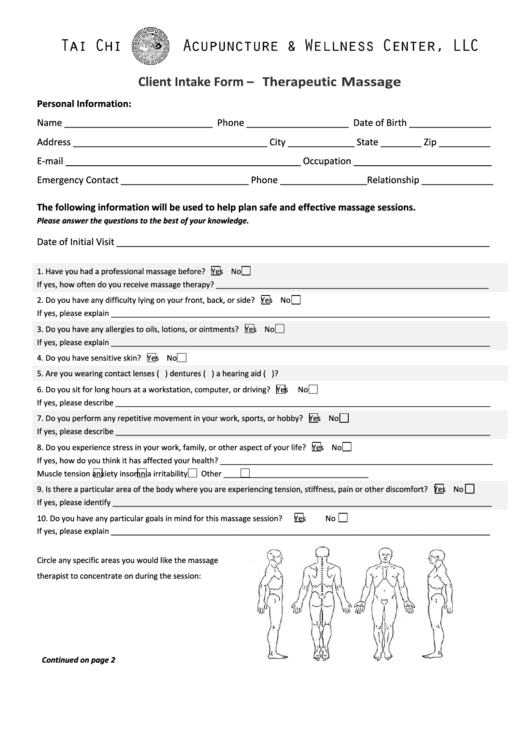 Client Intake Form - Therapeutic Massage Printable pdf