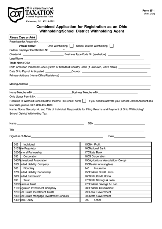 Fillable Form It-1 - Combined Application For Registration As An Ohio Withholding/school District Withholding Agent Printable pdf