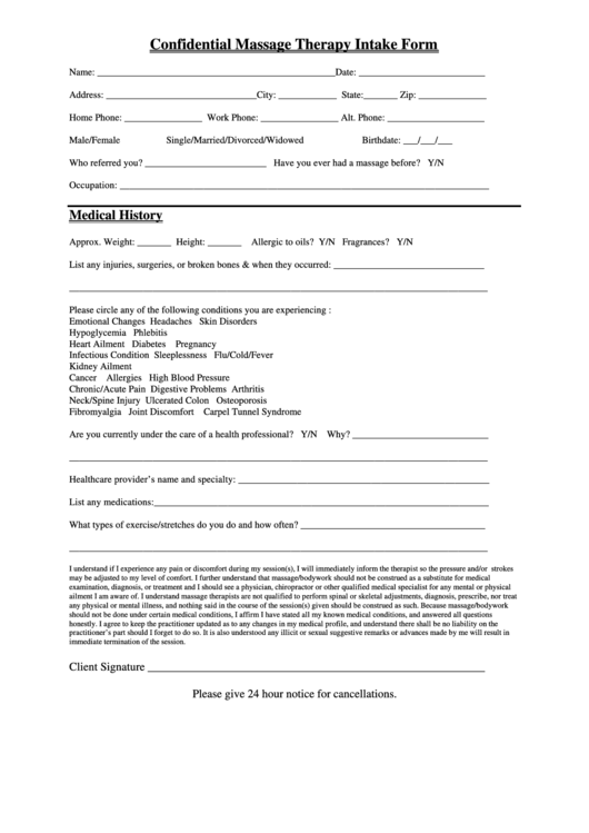 Confidential Massage Therapy Intake Form - Essential Massage Printable pdf
