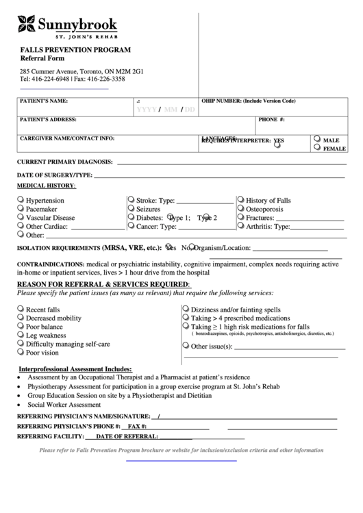 Falls Prevention Application Form Printable pdf
