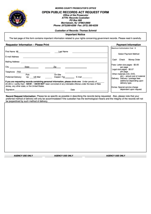 Fillable Open Public Records Act Request Form - Morris County Prosecutor