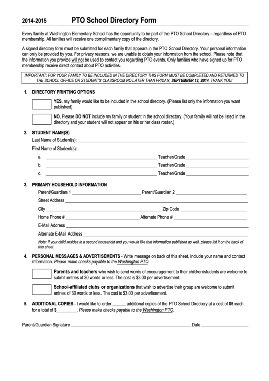 Pto School Directory Form Washington Elementary Printable pdf