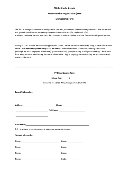 Fillable Pto Membership Form Printable pdf