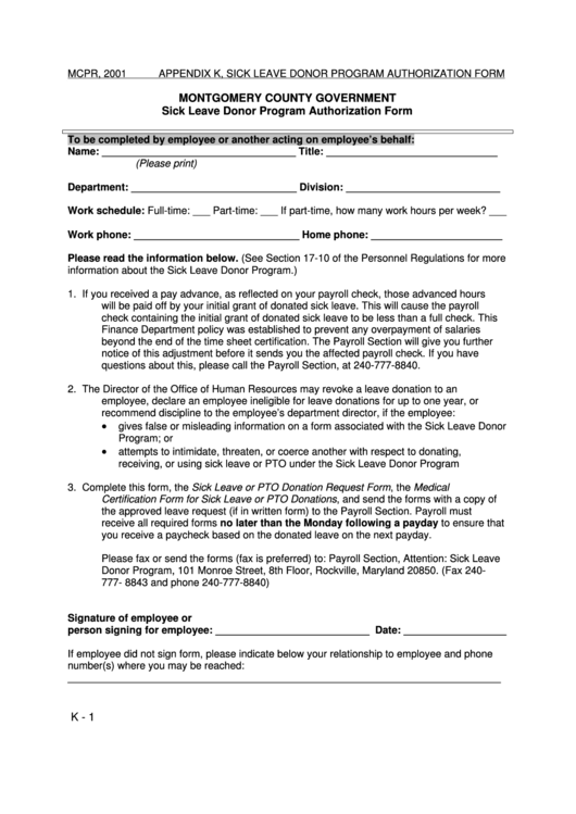 Mcpr 2001 Appendix K Sick Leave Donor Authorization Form Printable pdf