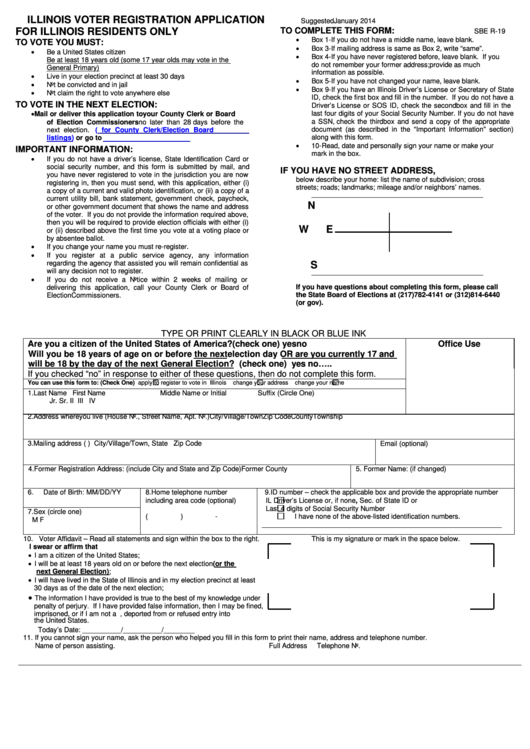 Fillable Form Sbe R-19 - Illinois Voter Registration Application Printable pdf