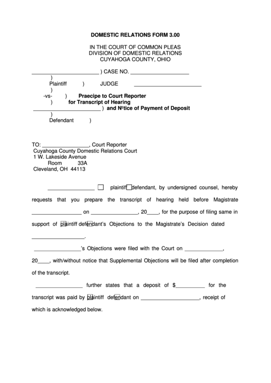 Fillable Domestic Relations Form 3.00 In The Court Of Common Pleas Division Of Domestic Relations Cuyahoga County, Ohio Printable pdf