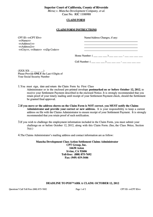 Superior Court Of California, Claim Form Printable pdf