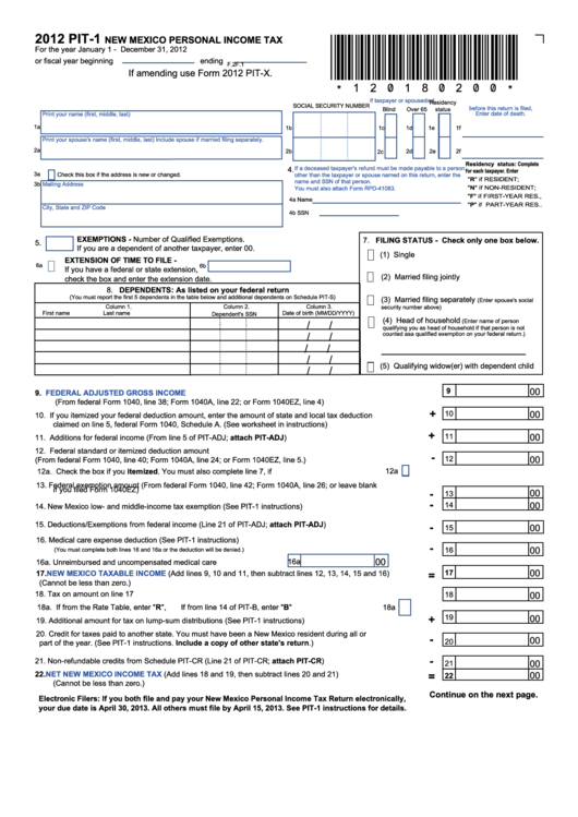 2012 Pit-1 New Mexico Personal Income Tax Printable pdf