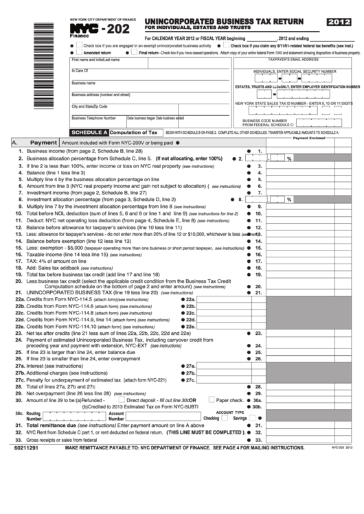 Form Nyc-202 - Unincorporated Business Tax Return For Individuals, Estates And Trusts - 2012 Printable pdf