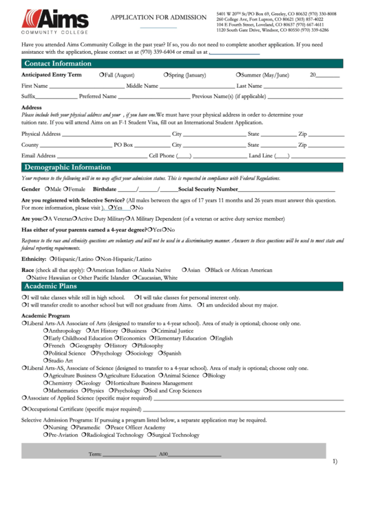 Application Form For Admission Printable pdf