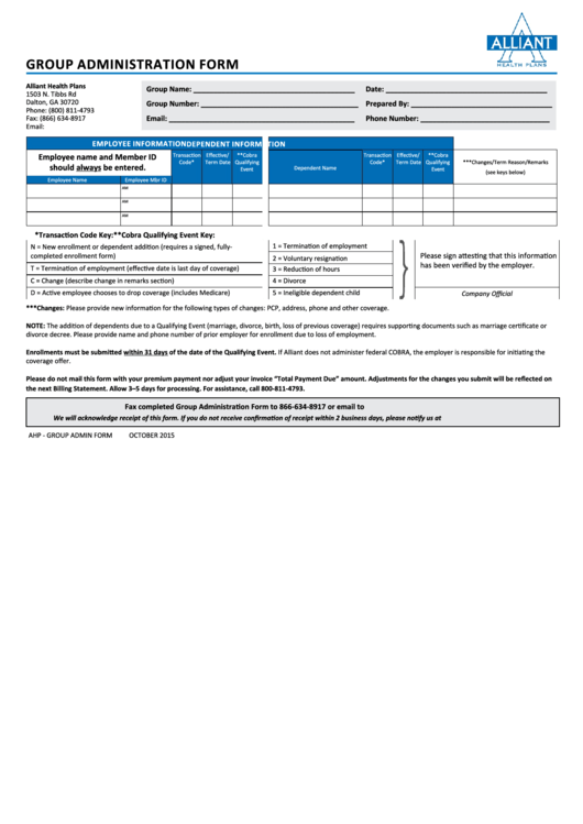 Group Administration Form - Alliant Health Plans Printable pdf