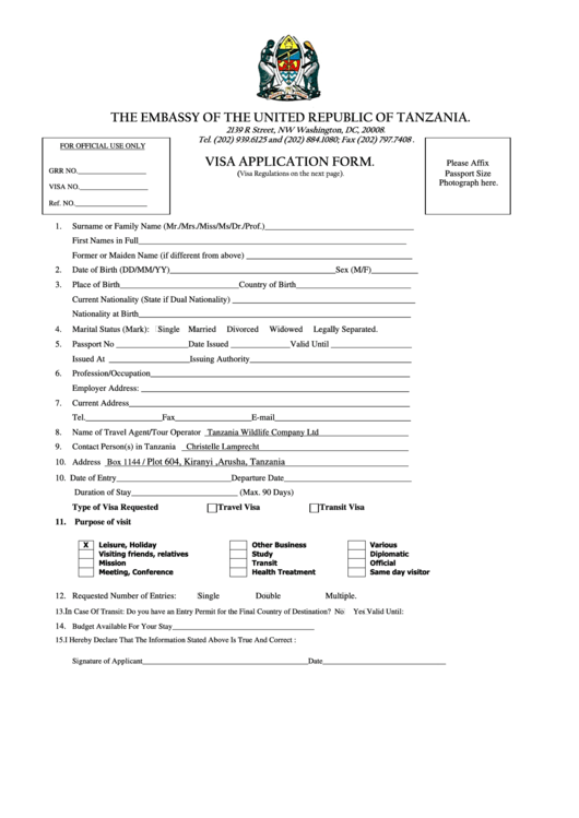 The Embassy Of The United Republic Of Tanzania Visa Application Form Printable pdf