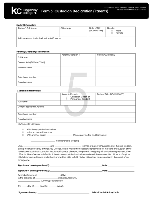 Custodian Declaration Parents Kingsway College Printable pdf