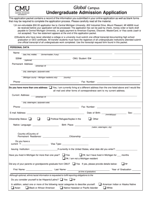 Fillable Application For Admission Undergrad Central Michigan University Printable pdf