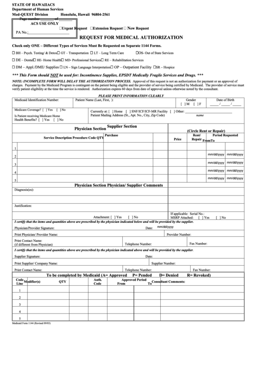 Fillable Request For Medical Authorization - State Of Hawaii Acs Department Of Human Services Printable pdf