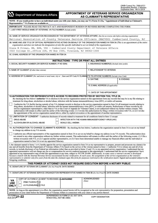 Fillable Form 21-22 - Appointment Of Veterans Service Organization As Claimant