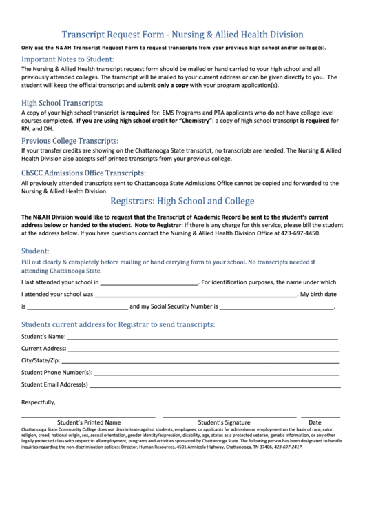 Transcript Request Form - Nursing & Allied Health Division Printable pdf