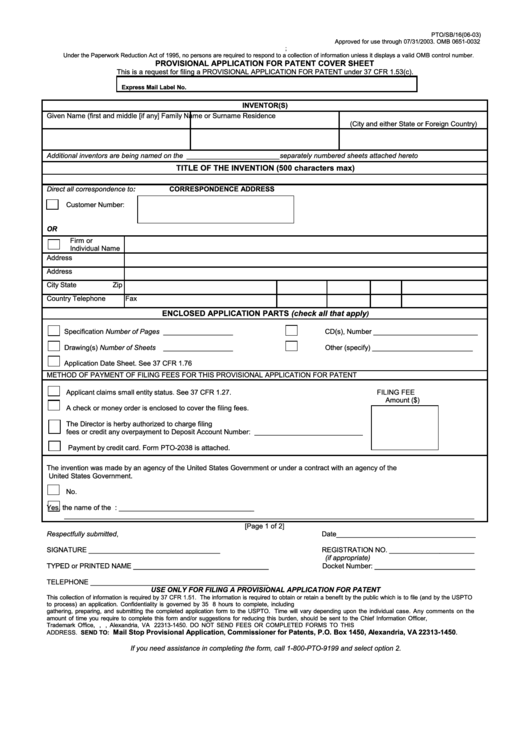 Form Pto/sb/16 2003 - Provisional Application For Patent Cover Sheet Printable pdf