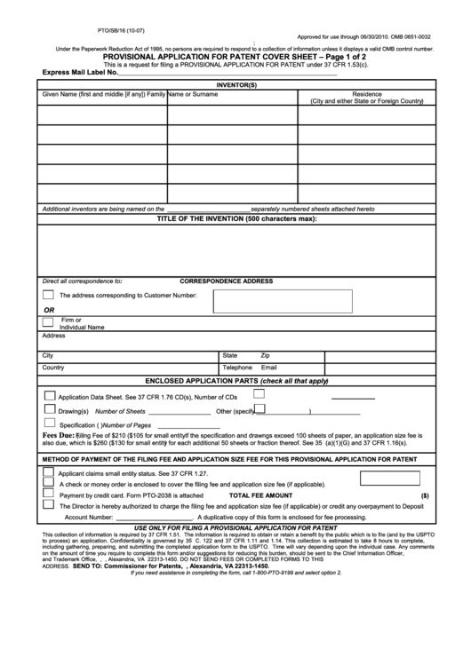 Form Pto/sb/16 2007 - Provisional Application For Patent Cover Sheet