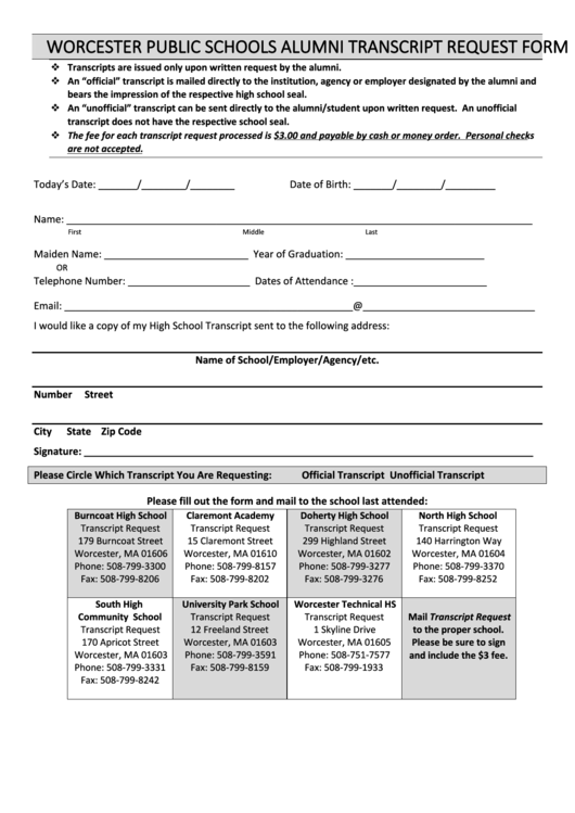 Alumni Transcript Request Form - Worcester Public Schools Printable pdf