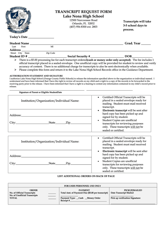 Transcript Request Form Lake Nona High School Printable pdf