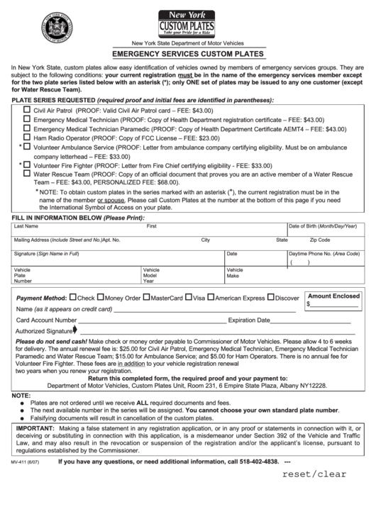 Fillable Form Mv-411 - Emergency Services Custom Plates Printable pdf