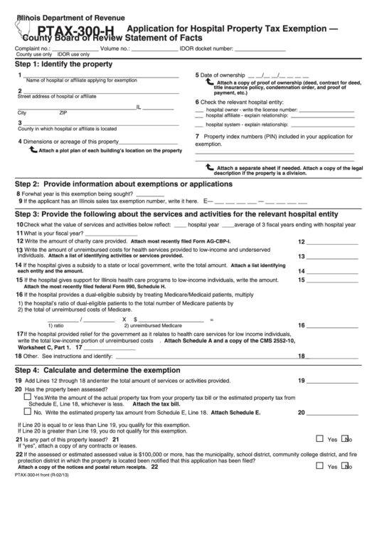 Ptax-300-H Form - Application For Hospital Property Tax Exemption - County Board Of Review Statement Of Facts Printable pdf